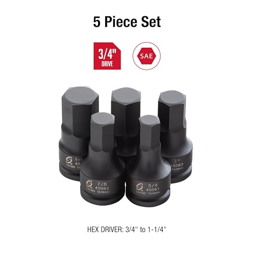 SUNEX TOOLS 4506, 3/4 Inch Drive Impact Hex Driver Set, 5-Pieces, SAE, 3/4" - 1-1/4", Cr-Mo Steel, Solid One Piece Construction, Dual Size Markings, Heavy Duty Storage Case
