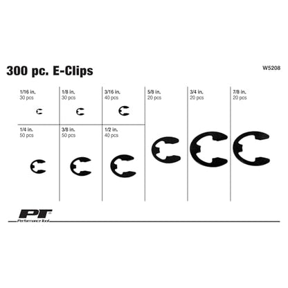 Performance Tool W5208 300-Piece E-Clip Assortment, Black | Includes 9 popular sizes of external retaining rings. Packed in a convenient re-sealable plastic case - size: 300 pc. E-Clip Assortment