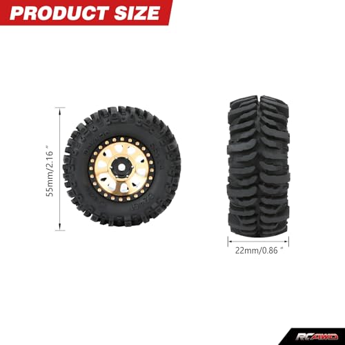 RCAWD 1.0" 7mm Hex Brass Weights Wheels Tires Set, Beadlock RC Crawler Wheels for 1/24 1/18 TRX4M SCX24 FCX24 FCX18 AX24 HobbyPlus CR18P FMS Upgrades Parts 63g*4pcs,55 * 22mm