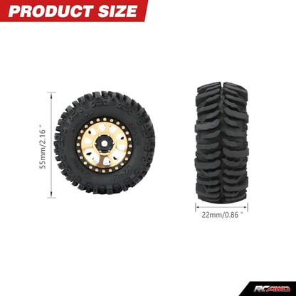 RCAWD 1.0" 7mm Hex Brass Weights Wheels Tires Set, Beadlock RC Crawler Wheels for 1/24 1/18 TRX4M SCX24 FCX24 FCX18 AX24 HobbyPlus CR18P FMS Upgrades Parts 63g*4pcs,55 * 22mm