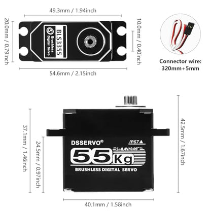 55kg RC Digital Servo with 2PCS 25T Servo Horn All Metal IP67 Waterproof Brushless Servo High Torque Fast Steering Servo for 1/8 1/10 1/12 RC Car, 270° - size: 55kg, 270°