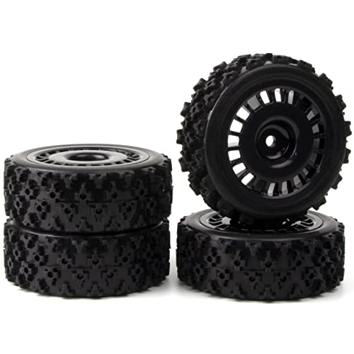 1/10 RC Rally Car Wheels Rims & Rubber Tires 12mm Hex Drive Hub for Tamiya TT-01 TT-02 TT-01E XV-01 DF-03 HPI HSP (Black) - color: Black