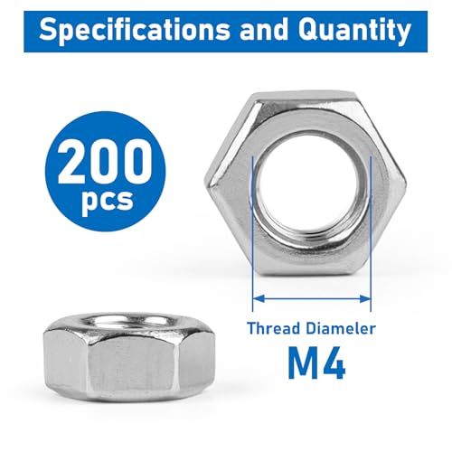 Hex Nuts, 200 Pack M4 304 (A2-70) Stainless Steel Hardware Nuts,Standard Inch Coarse Thread Nuts - color: Silver, size: M4