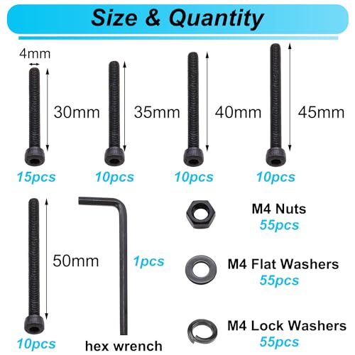 220PCS Black M4 Hex Socket Head Cap Screws, M4 x 30/35/40/45/50mm Metric Screws Bolts Nuts Washers Assortment Kit, 12.9 Grade Alloy Steel - size: M4 x 30/35/40/45/50mm, style: Socket Head