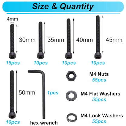 220PCS Black M4 Hex Socket Head Cap Screws, M4 x 30/35/40/45/50mm Metric Screws Bolts Nuts Washers Assortment Kit, 12.9 Grade Alloy Steel - size: M4 x 30/35/40/45/50mm, style: Socket Head