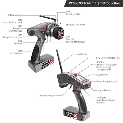 Radiolink RC6GS V3 7 Channels RC Transmitter R7FG&R6FG 2PCS Gyro Receivers | 2.4GHz 600m RC Remote and Receiver Kit, Voltage Telemetry, 30 Models Storage for Remote Control Car/Boat/Truck/Buggy/Crawler