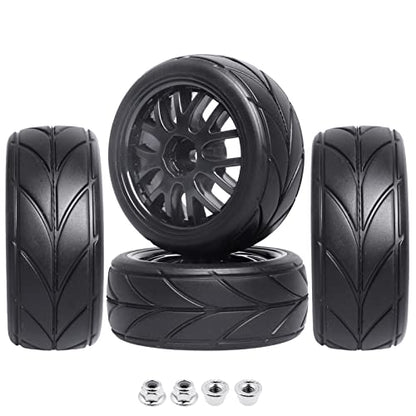 12mm Hex 1/10 On-Road Tires & Wheels – 65mm Soft Compound Set with Foam Inserts for Traxxas 4-Tec 2.0 Tamiya TT02 TT01 Drift Cars (4PCS, Unmounted)