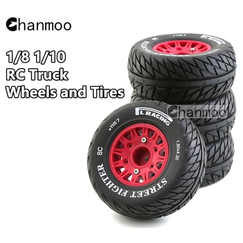 1/10 RC Short Course Truck Tires And Wheels With 12mm 14mm 17mm Hex 113mm 1/8 Rubber Tyres For 1/8 or 1/10 Scale On Road Car HSP Sonic 94102 GT PTG-2 Tamiya TT02 RC Racing Car 4PCS (Red B) - color: Red B