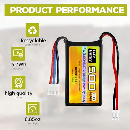 2PCS 7.4V 500mAh 30C Lipo Battery RC Car Drone Battery with PH2.0 Plug with 2-in-1 Charger for AX24 SCX24 RC Car Model Batteries Compatible with Most 1/10, 1/16, 1/18, 1/24 Scale RC Cars Trucks
