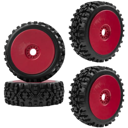 ShareGoo RC Hobby OD 4.72" 1/8 Scale RC Buggy Wheels & Rubber Tires 17mm Hex Rims Compatible with Arrma Typhon 3S 6S Kyosho Losi 8IGHT Traxxas Redcat HSP HPI 1/8 Scale Off Road Car Buggy (Red) - color: Red