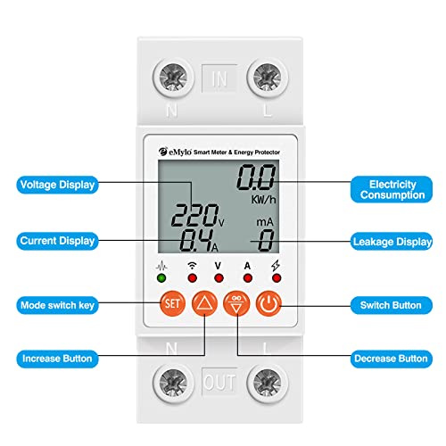 eMylo 63A Single-Phase WiFi Energy Meter with LCD & Leakage Protection | AC 80–400V; Smart Life/Tuya; Alexa & Google Home; timer; leakage & overload protection