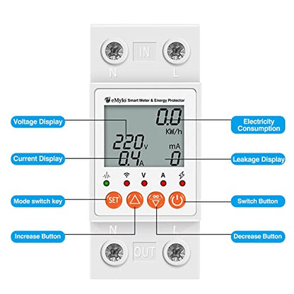 eMylo 63A Single-Phase WiFi Energy Meter with LCD & Leakage Protection | AC 80–400V; Smart Life/Tuya; Alexa & Google Home; timer; leakage & overload protection
