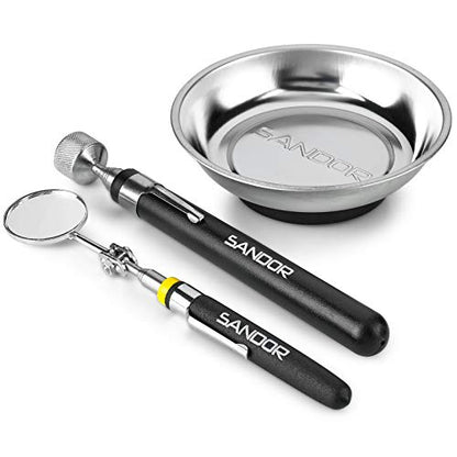 3 Pcs Inspection Tool Set - Magnetic Parts Tray, Telescoping Inspection Mirror, and Extendable Magnet Pick-Up Tool for Screw, Bolts, Nuts, Washers, Pins and Small Metal Parts, Magnetic Tool Tray
