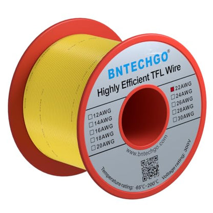 BNTECHGO 22AWG FEP Teflon Coated Wire Yellow 100ft Tin-Plated Copper | 22 Gauge Strands Wire High-Temp FEP Insulation, -65°C to 200°C Rated, Aerospace Wiring, Medical Wiring, Scientific Equipment - size: 100ft Yellow