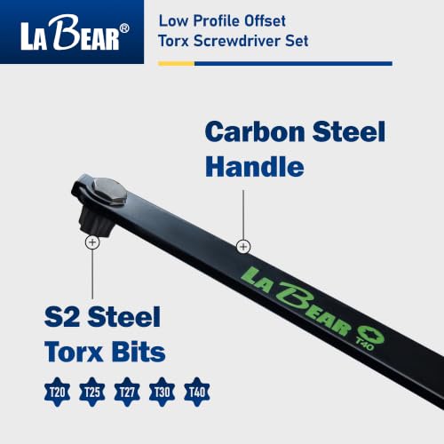 5-Piece EDC Low Profile Offset Torx Screwdriver Set, T20-T40 | S2 steel Torx bit sections, 90° offset access, carabiner carry, compact EDC storage, low-clearance repair, T20-T40 sizes - size: TORX