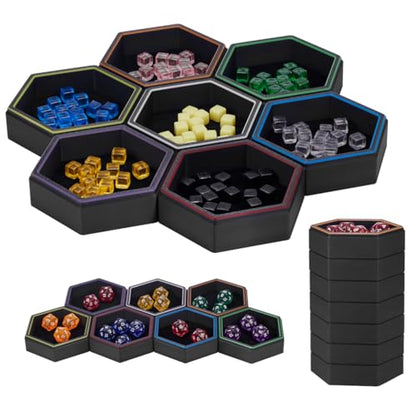 Magnetic Hex Board Game Trays, Modular Stackable Token Dice Trays (7-Pack) | Built-in Magnets, Flexible Combination, Stackable For Storage, Token & Dice Organizer, 7 Colors, Modular Design