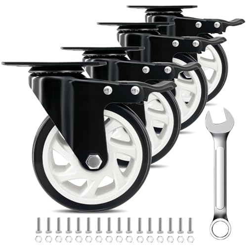 5 Inch Plate Caster Set of 4, Heavy Duty PU Swivel Wheel with Dual Brakes | Smooth 360° rotation,dual locking brake,silent PU wheels - color: Black, size: 5 IN