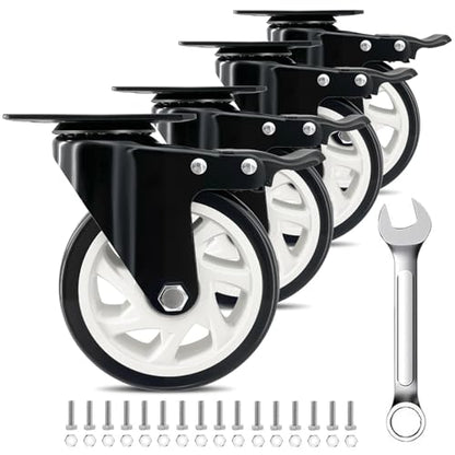 5 Inch Plate Caster Set of 4, Heavy Duty PU Swivel Wheel with Dual Brakes | Smooth 360° rotation,dual locking brake,silent PU wheels - color: Black, size: 5 IN
