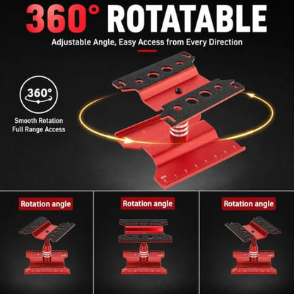 RC Car Repair Stand for 1/18 1/24 RC Cars, Aluminum Rotating Lift | Aluminum alloy, 360 degree rotating lift with magnetic pad, scale ruler, shock holes and anti-slip feet - color: Red