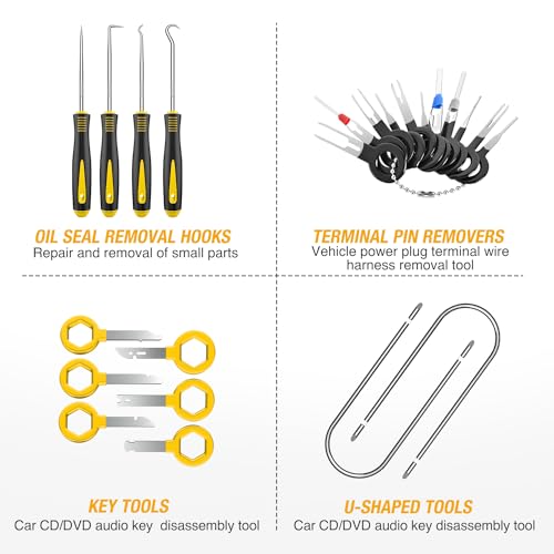 GOOACC 102Pcs Trim Removal Tool, Auto Push Pin Nylon Bumper Retainer Clip Set Fastener Terminal Remover Tool Round Handle Crowbar Kit Car/Radio Panel, Yellow - color: 102Pcs Clips+ Remover Yellow, size: Clips+Remover