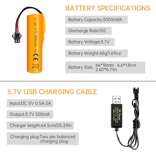 3PCS 3.7V 3000mAh SM-2P Plug Li ion Battery and USB Charging Cable Suitable for DE42 DE44 DE45 DE68 RC Car, Drifting Car, Truck, Off-Road Racing Car