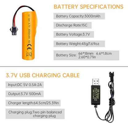 3PCS 3.7V 3000mAh SM-2P Plug Li ion Battery and USB Charging Cable Suitable for DE42 DE44 DE45 DE68 RC Car, Drifting Car, Truck, Off-Road Racing Car