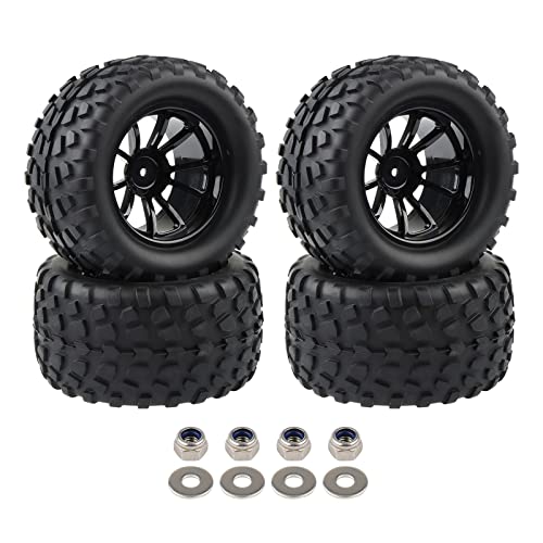 4X RC 1/10 Scale Monster Truck Tires Gravel Tread w/ 5 Spokes Wheel Rim | Black, For Stampede HSP Redcat Volcano XTE PRO - style: Twin 5 Spokes-Black