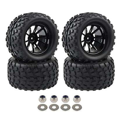 4X RC 1/10 Scale Monster Truck Tires Gravel Tread w/ 5 Spokes Wheel Rim | Black, For Stampede HSP Redcat Volcano XTE PRO - style: Twin 5 Spokes-Black