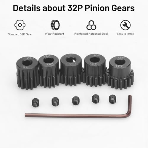 32P 5mm Pinion Motor Gear Sets, daitoku 5PCS RC Pinion Gears 13T 14T 15T 16T 17T for HPI Kyosho Losi Axial Tamiya 1/8 1/10 RC Car - size: 32P 13T 14T 15T 16T 17T