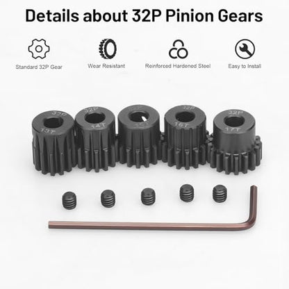 32P 5mm Pinion Motor Gear Sets, daitoku 5PCS RC Pinion Gears 13T 14T 15T 16T 17T for HPI Kyosho Losi Axial Tamiya 1/8 1/10 RC Car - size: 32P 13T 14T 15T 16T 17T