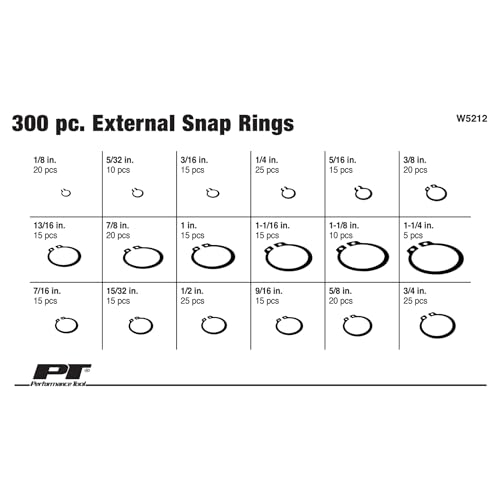 Performance Tool W5212 300-Piece External Snap Ring Assortment Kit | Contains 18 popular sizes of external retaining rings and circlips. Re-sealable plastic storage case included - size: 32 Inch