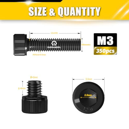 M3 x 4mm Screws 350pcs, Hex Socket Head Cap Screws Bolts, M3 x 4 Bolts,12.9 Grade Alloy Steel, Black Zinc Plated, Allen Socket Drive, Fully Threads, Machine Screws - size: M3*4mm 350pcs
