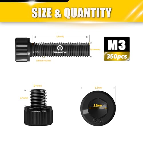 M3x4mm Screws 350pcs Hex Socket Cap 12.9 Steel Black Zinc Fully Thread | Allen socket drive head cap screws bolts fully thread machine screws - size: M3*4mm 350pcs