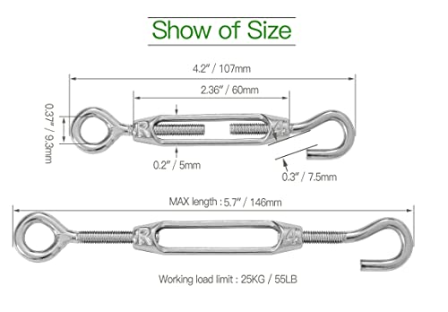 6PCS M4 Hook & Eye Turnbuckle 304 Stainless Steel Turnbuckle Wire Rope Tension Heavy Duty Turnbuckles for Cable Railing Wire Rope Hardware Kit (M4, Hook & Eye) - style: Hook & Eye-M-4