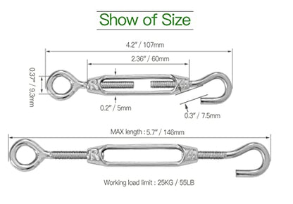 6PCS M4 Hook & Eye Turnbuckle 304 Stainless Steel Turnbuckle Wire Rope Tension Heavy Duty Turnbuckles for Cable Railing Wire Rope Hardware Kit (M4, Hook & Eye) - style: Hook & Eye-M-4