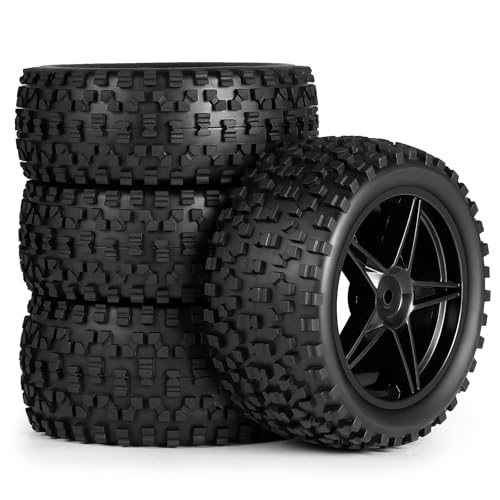 4Pack 12mm Hex Wheel 5 Spoke Rims High Grip Rubber Tires Front Rear Tyres for 1/10 RC Off-Road Buggy Car (Black)