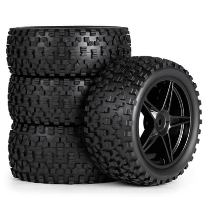 4Pack 12mm Hex Wheel 5 Spoke Rims High Grip Rubber Tires Front Rear Tyres for 1/10 RC Off-Road Buggy Car (Black)