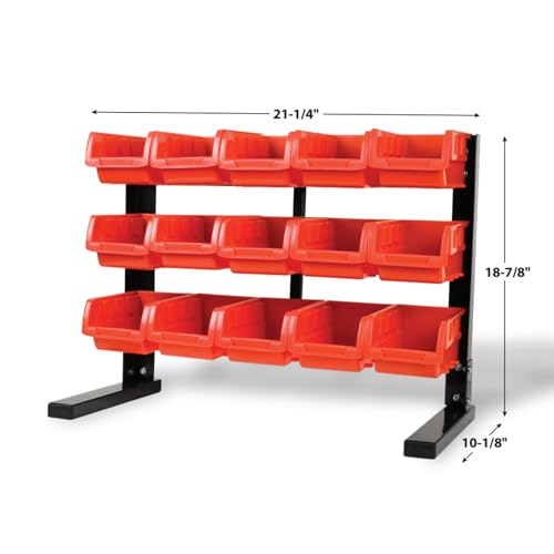 Performance Tool W5186 15-Bin Table Top Storage Organizer Rack | Powder-coated steel organizer rack with removable red bins. Small parts and craft organizer for home, office or garage - style: 15-Bin Table Top Storage Rack