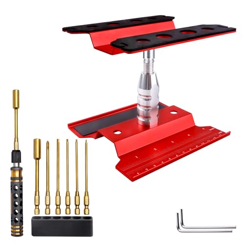 RC Hex Driver Set & RC Car Repair Work Stand Repair Tool Set 360 Degree Rotation for 1/8 1/10 1/12 1/16 1/18 RC Crawler Truck Buggy Rally (Red) - color: Red
