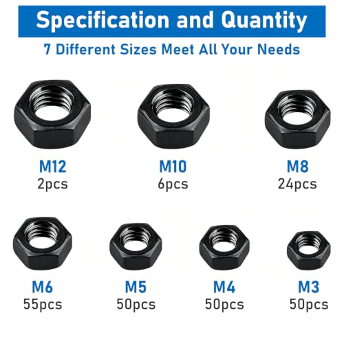 Metric Black Hex Nuts, 237 Pack A2-70 Coarse Thread Nuts | 237 Pack M3-M12 Sizes, Black Zinc Plated Rust Resistant, Standard Coarse Thread for Home & Industrial Fastening - color: Black, size: Metric