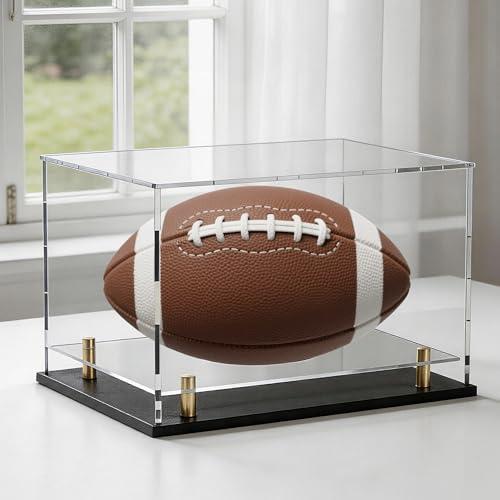 Acrylic Display Case with Raised Shelf & Ball Holder, Clear Display Box with Black Base & Gold Standoffs, Dustproof Showcase for Fullsize Football Soccer Gloves – Easy Assembly (12×8×9.6 Inch) - size: 12"L x 8"W x 9.6"H (with Ball Position)