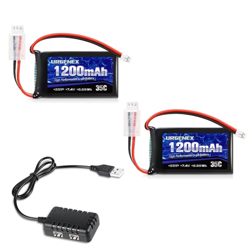SCX24 Battery 7.4V Lipos 2S 35C(Burst 70C) 1200mAh Rechargeable Lithium Battery with PH2.0 Plug Compatible with Most 1/10, 1/16, 1/18, 1/24 Scale RC Cars Trucks with 1TO2 USB Charger