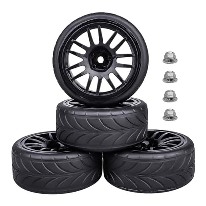 Preglued 1/10 RC Touring Wheels Tires Set 12mm Hex with Foam Inserts Compatible with Tamiya TT02 TT01 Traxxas 4tec 2.0 3.0 RC On Road Car