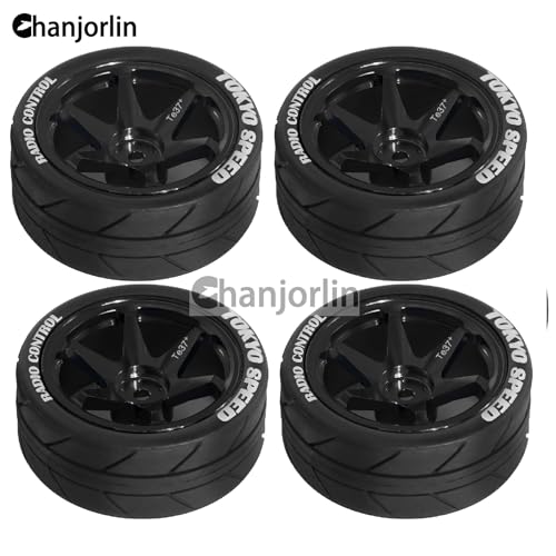 1/10 On Road Tires and Aluminum Wheels 12mm Hex RC Rally Racing Tyres OD 2.56" for Tamiya TT01 TT02 XV01 TA06 A959 PTG2 HPI KYOSHO PTG2 Traxxas 1:10 Street Touring Drift Car 4PCS (Black) - color: Black