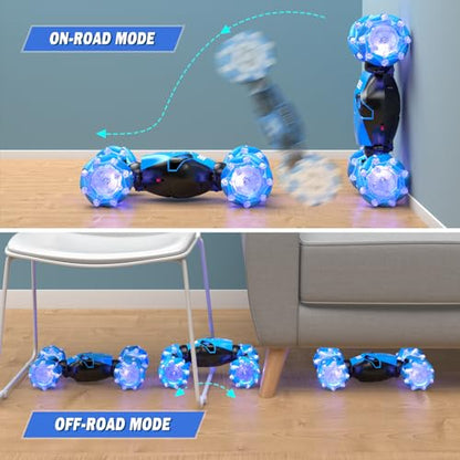 RC Stunt Car Toys for 6-12 Year Old Kids - 4WD Remote Control Watch - Gesture Sensor - Double Sided Rotating RC Car - Lights, Music - Perfect for Boys & Girls' Birthday-(Blue)