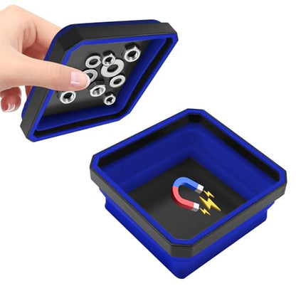 Collapsible Magnetic Parts Tray, 4.5 Inch Square Silicone Tray Holder with Double-Sided Magnetic Base, Foldable Tool Trays for Screw Bolts Nuts Pins Small Parts, Car Accessories (Blue) - color: Blue