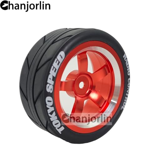 1/10 On Road Racing Tires And 5-Spoke Aluminum Wheels 12mm Hex OD 2.56" RC Touring Tyres For 1:10 Rally Street Drift Car Tamiya TT01 TT02 XV01 A959 PTG2 KYOSHO HSP Traxxas 4PCS (Red) - color: Red