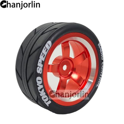 1/10 On Road Racing Tires And 5-Spoke Aluminum Wheels 12mm Hex OD 2.56" RC Touring Tyres For 1:10 Rally Street Drift Car Tamiya TT01 TT02 XV01 A959 PTG2 KYOSHO HSP Traxxas 4PCS (Red) - color: Red