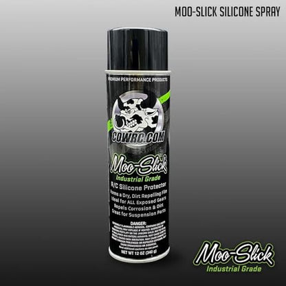 CowRC Moo-Slick Silicone Spray RC Lube & Protectant | 12oz Non-Toxic Silicone Lubricant for Tires, Plastics, Bearings & Seal Protecting RC Vehicles. Cow RC