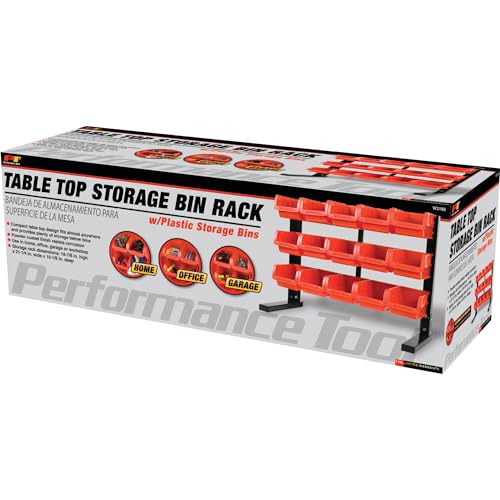 Performance Tool W5186 15-Bin Table Top Storage Organizer Rack | Powder-coated steel organizer rack with removable red bins. Small parts and craft organizer for home, office or garage - style: 15-Bin Table Top Storage Rack